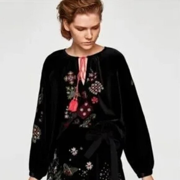 Chelsea & Theodore Tops - Chelsea & Theodore Velvet With Embroidery Long Sleeved Blouse